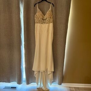 Rebecca Ingram Ivory Beaded Lace Crepe Wedding Dress Size 16 Beaded Illusion Top